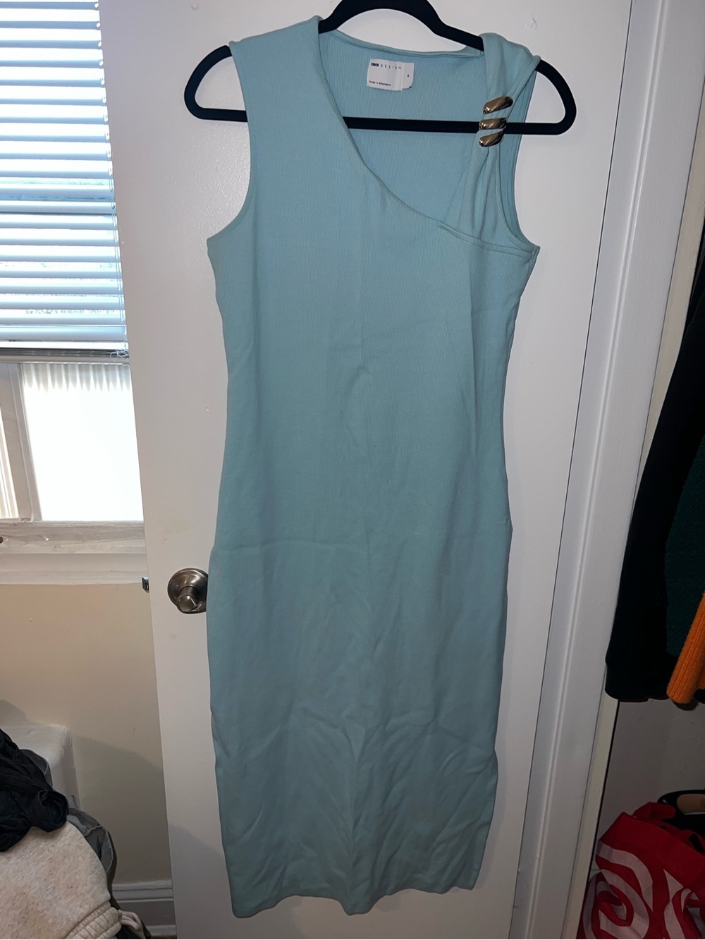 Sleeveless Asymmetric Aqua Midi Dress with Metal Accent